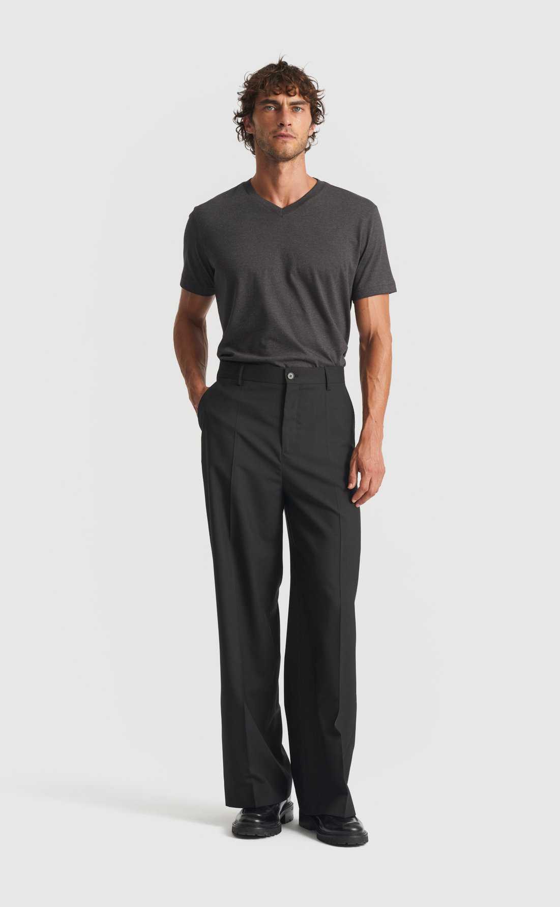 Cotton V-Neck T-Shirt in Dark Grey