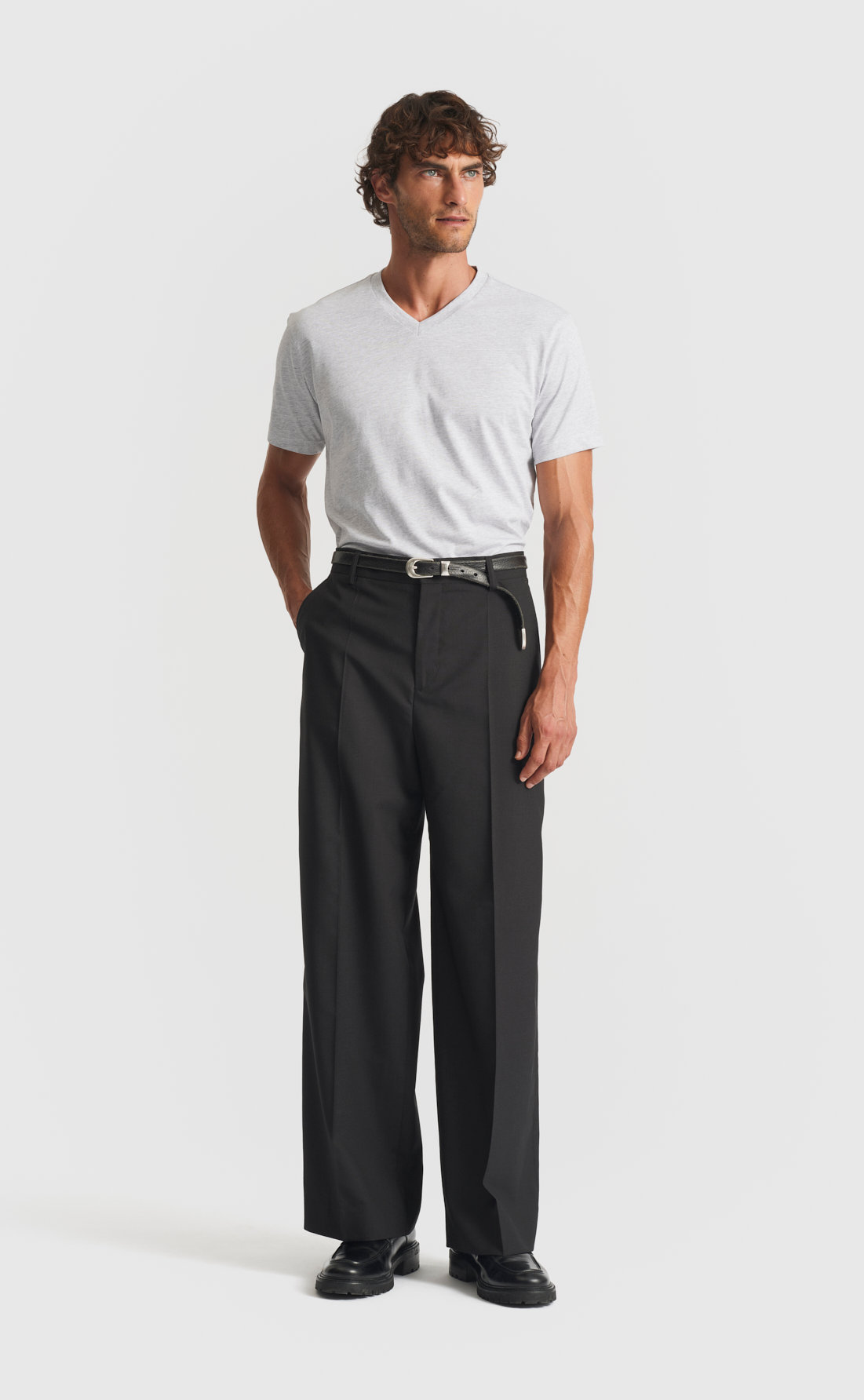Cotton V-Neck T-Shirt in Light Grey