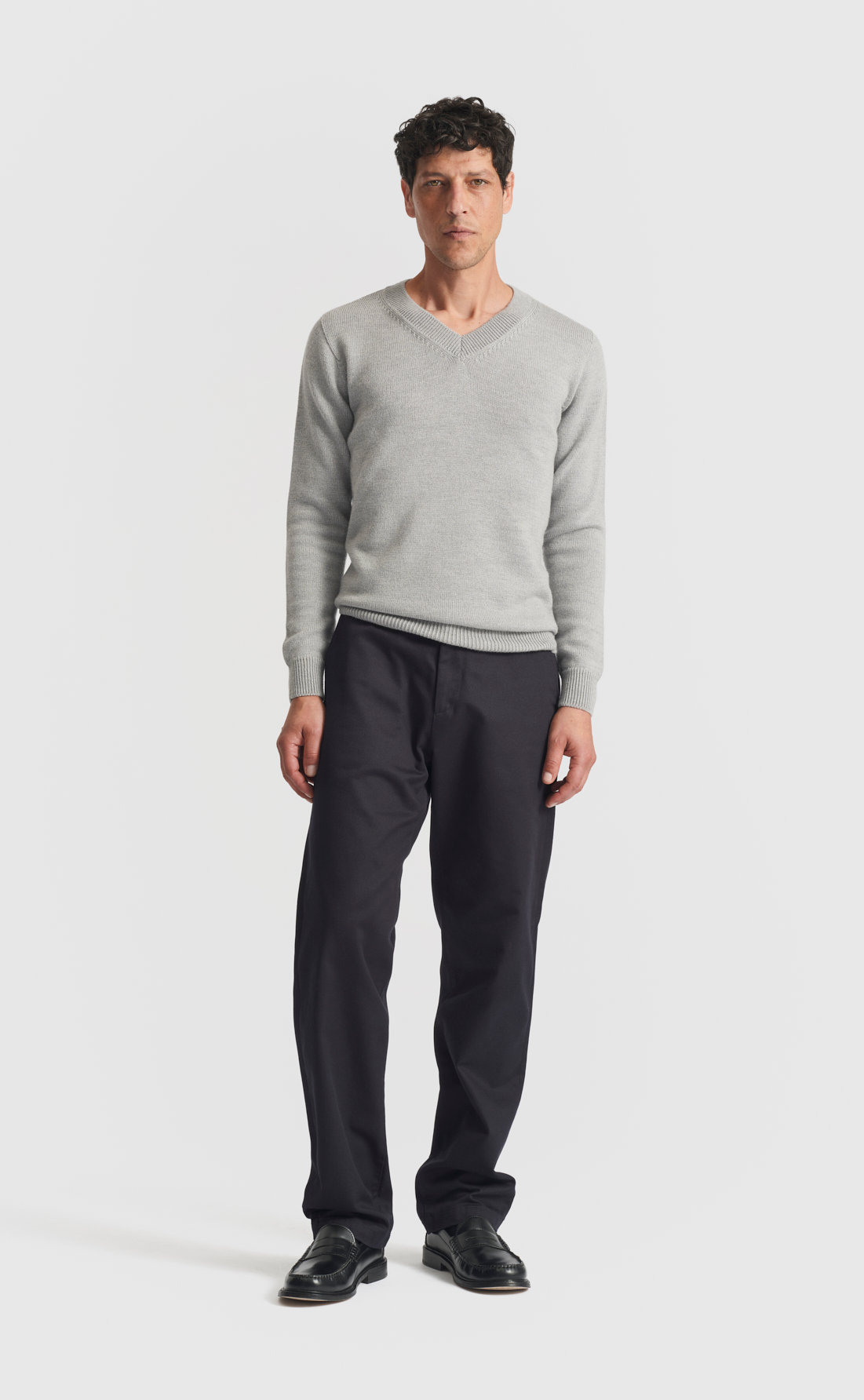 Merino V-Neck Sweater in Light Grey Melange