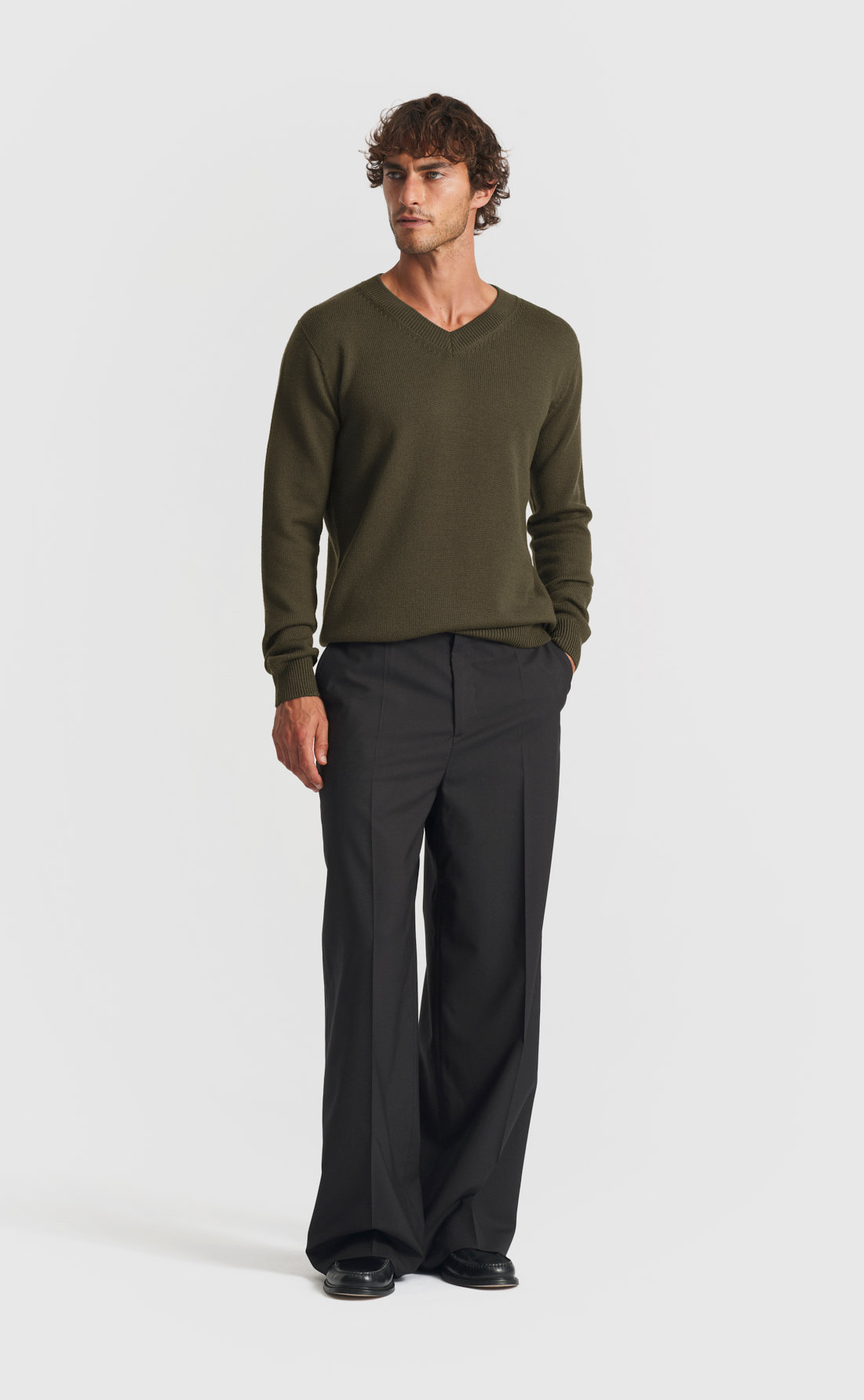 Merino V-Neck Sweater in Deep Olive