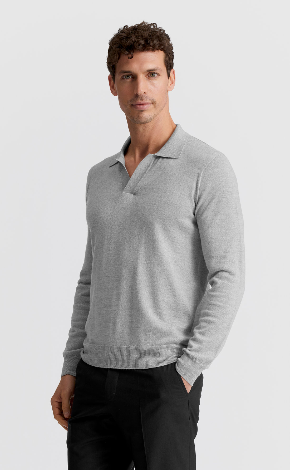 Custom Fitted Open Collar Pullover Light Grey Melange | Son