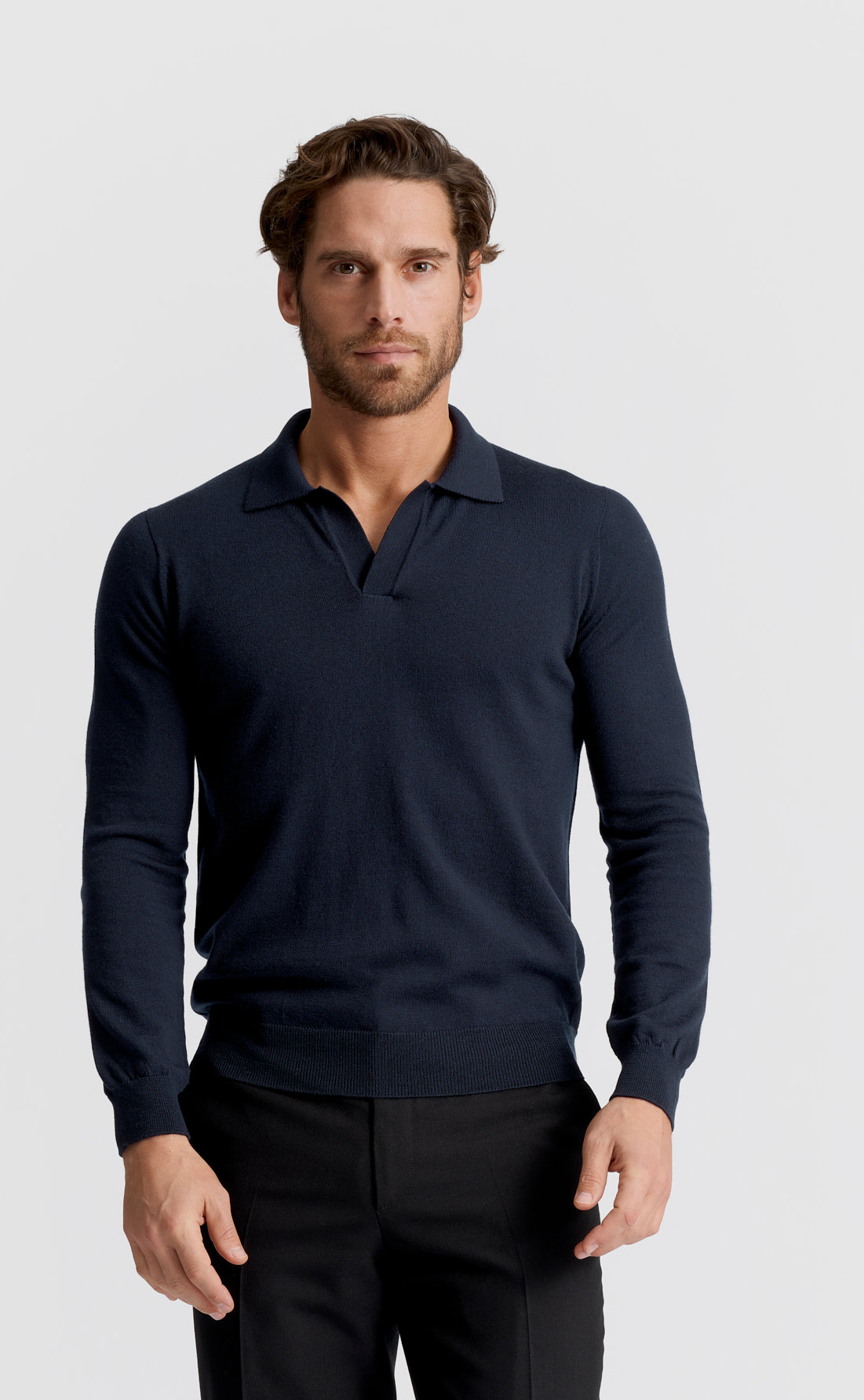Custom Fitted Merino Open Collar Pullover Navy | Son of a Tailor