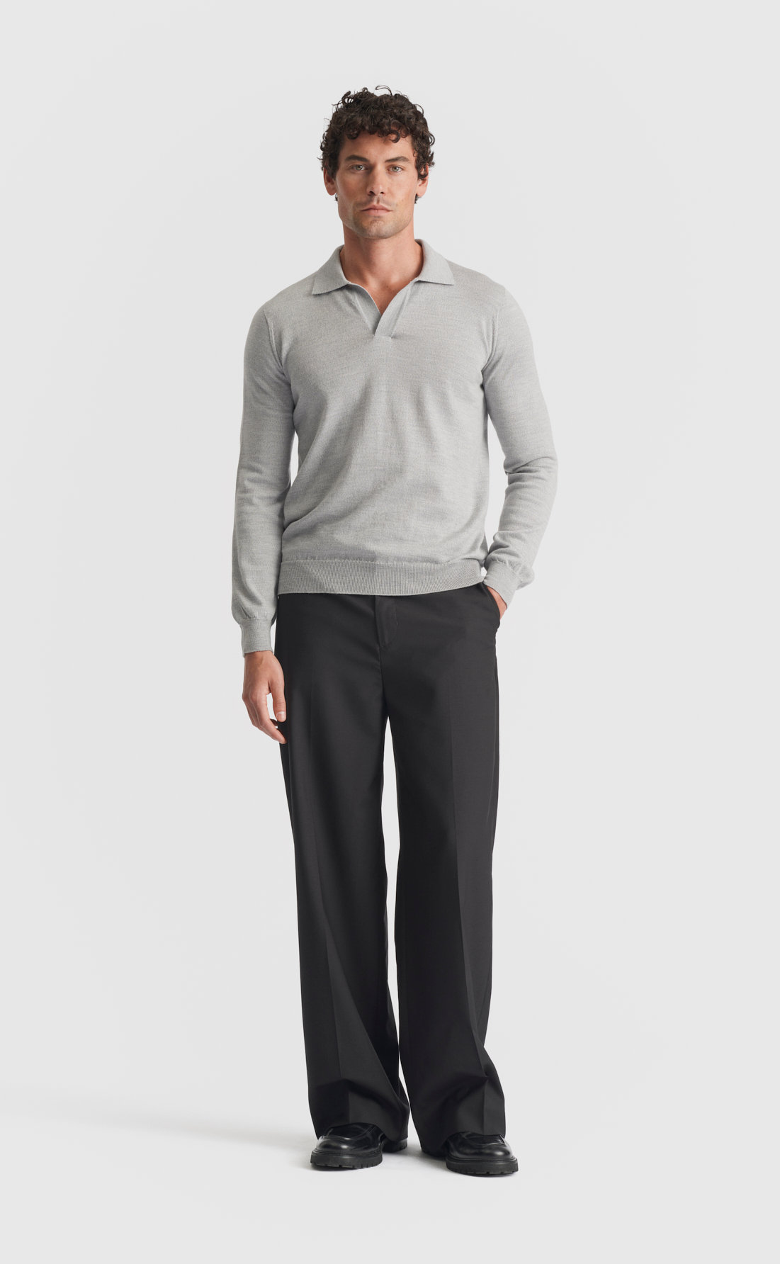 Merino Open Collar Pullover in Light Grey Melange