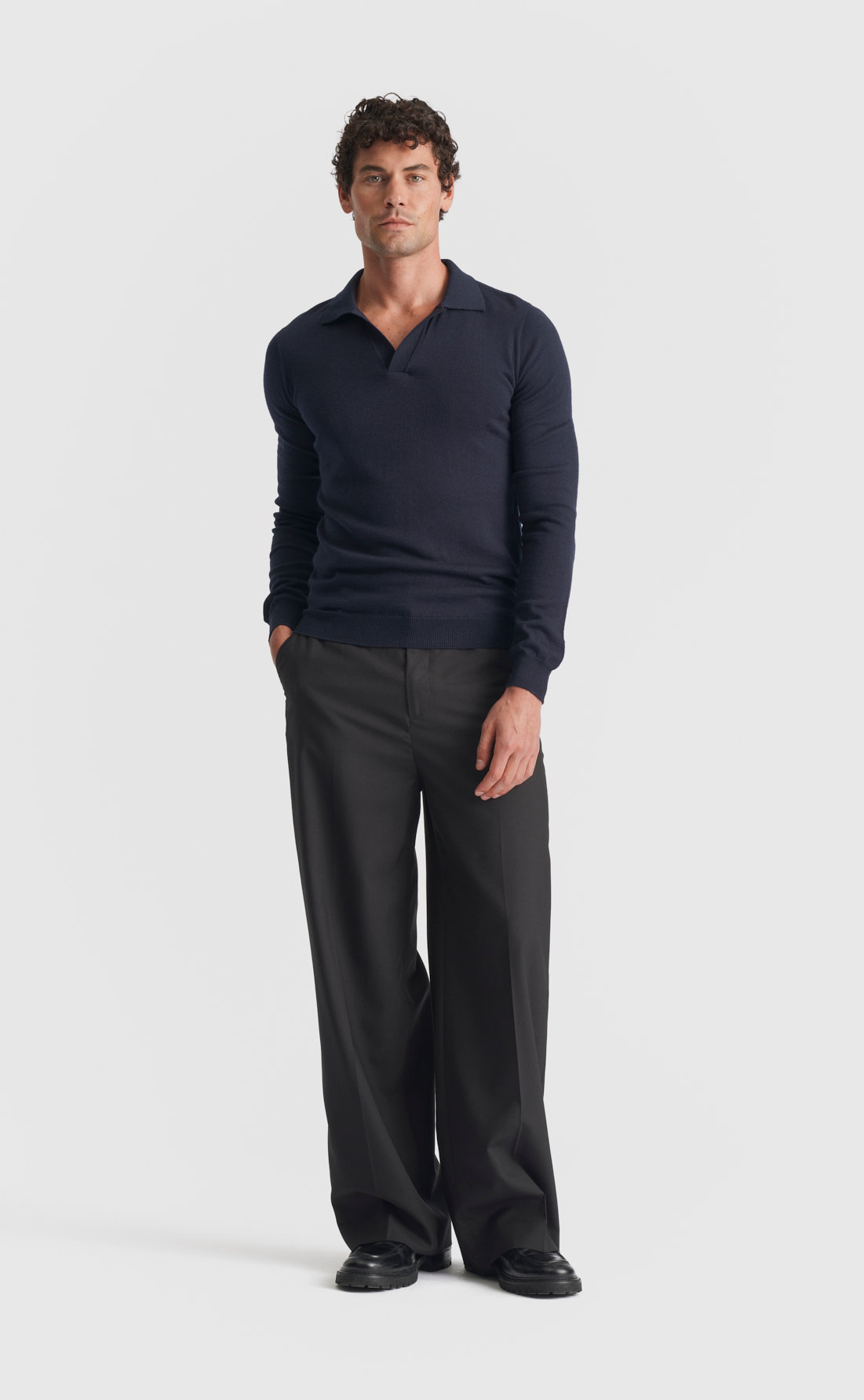 Merino Open Collar Pullover in Navy