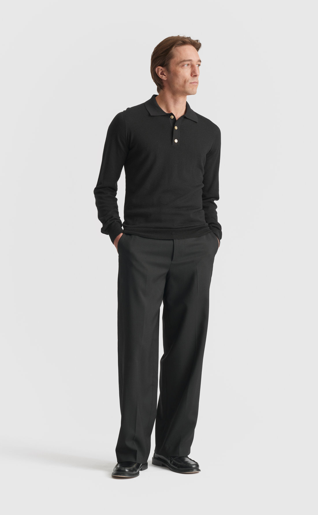 Merino Polo Pullover in Black