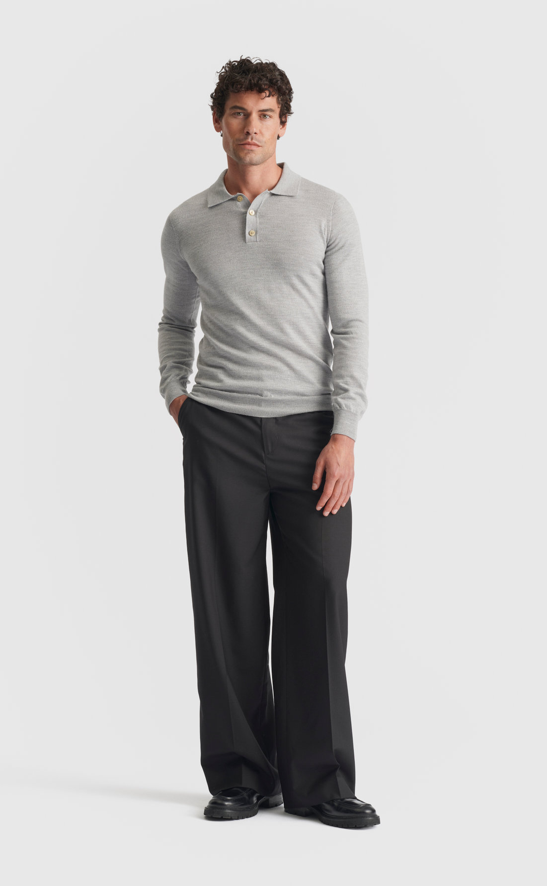 Merino Polo Pullover in Light Grey Melange