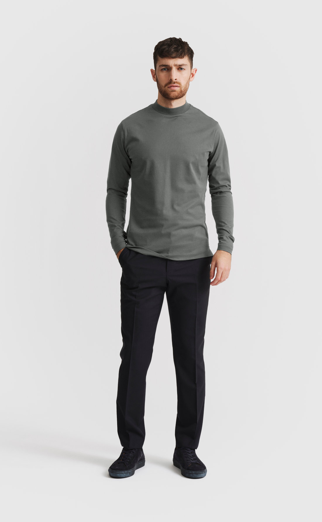 Cotton Hi-Neck T-Shirt / Long-sleeve in Castor Grey