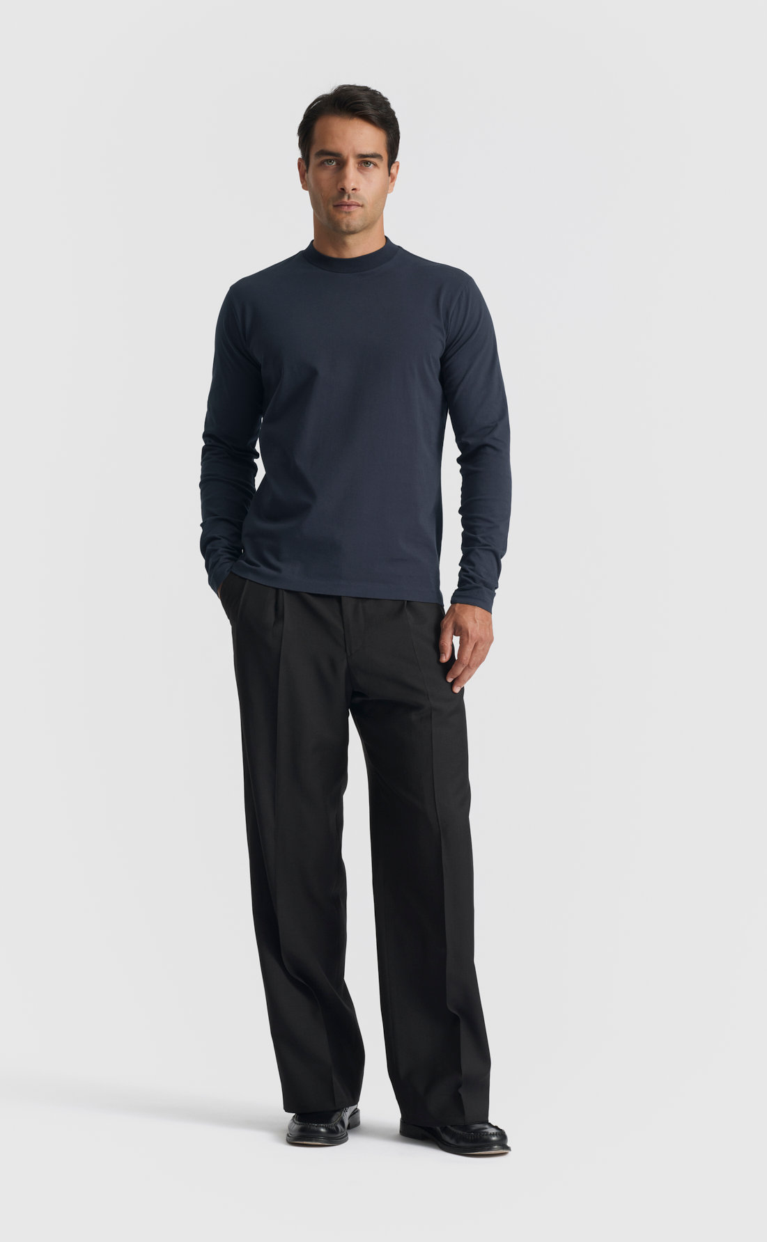 Cotton Hi-Neck T-Shirt / Long-sleeve in Deep Blue