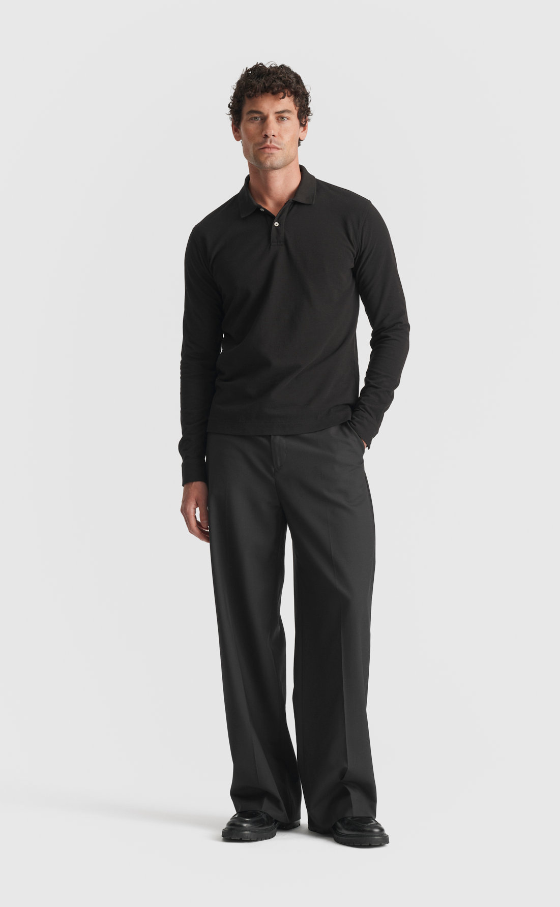 Pique Polo Shirt / Long-sleeve in Black