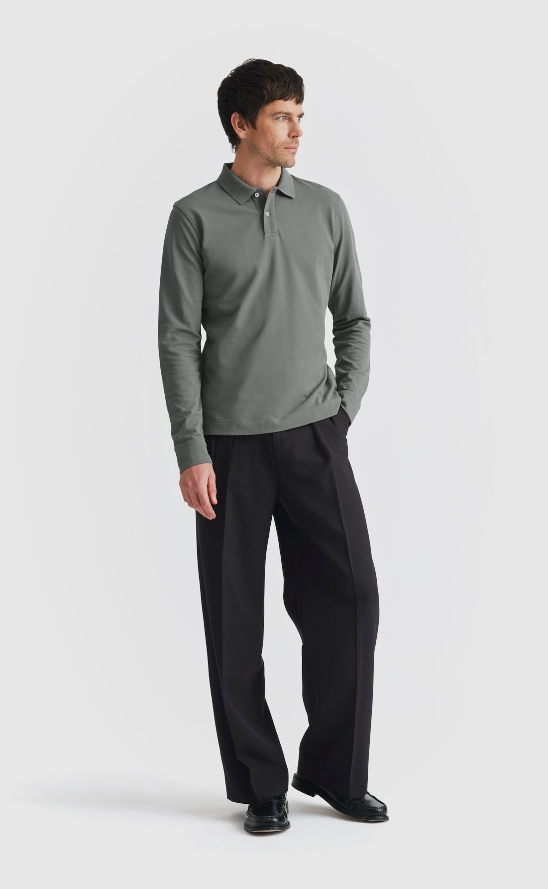 Pique Polo Shirt / Long-sleeve in Castor Grey