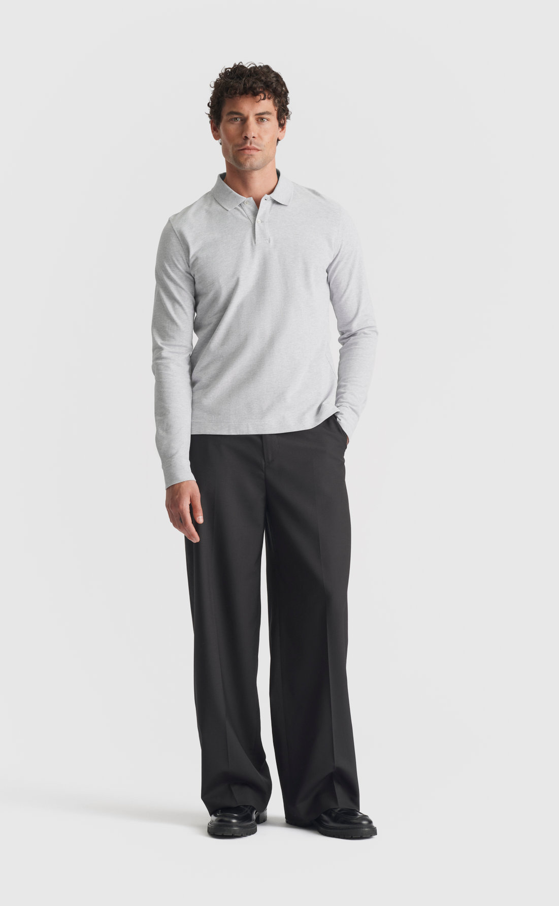 Pique Polo Shirt / Long-sleeve in Light Grey