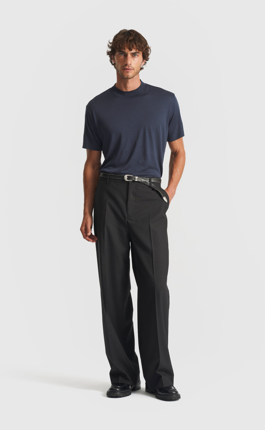 Hi-Neck Wool T-Shirt - Wool Hi-Neck T-Shirt - Navy