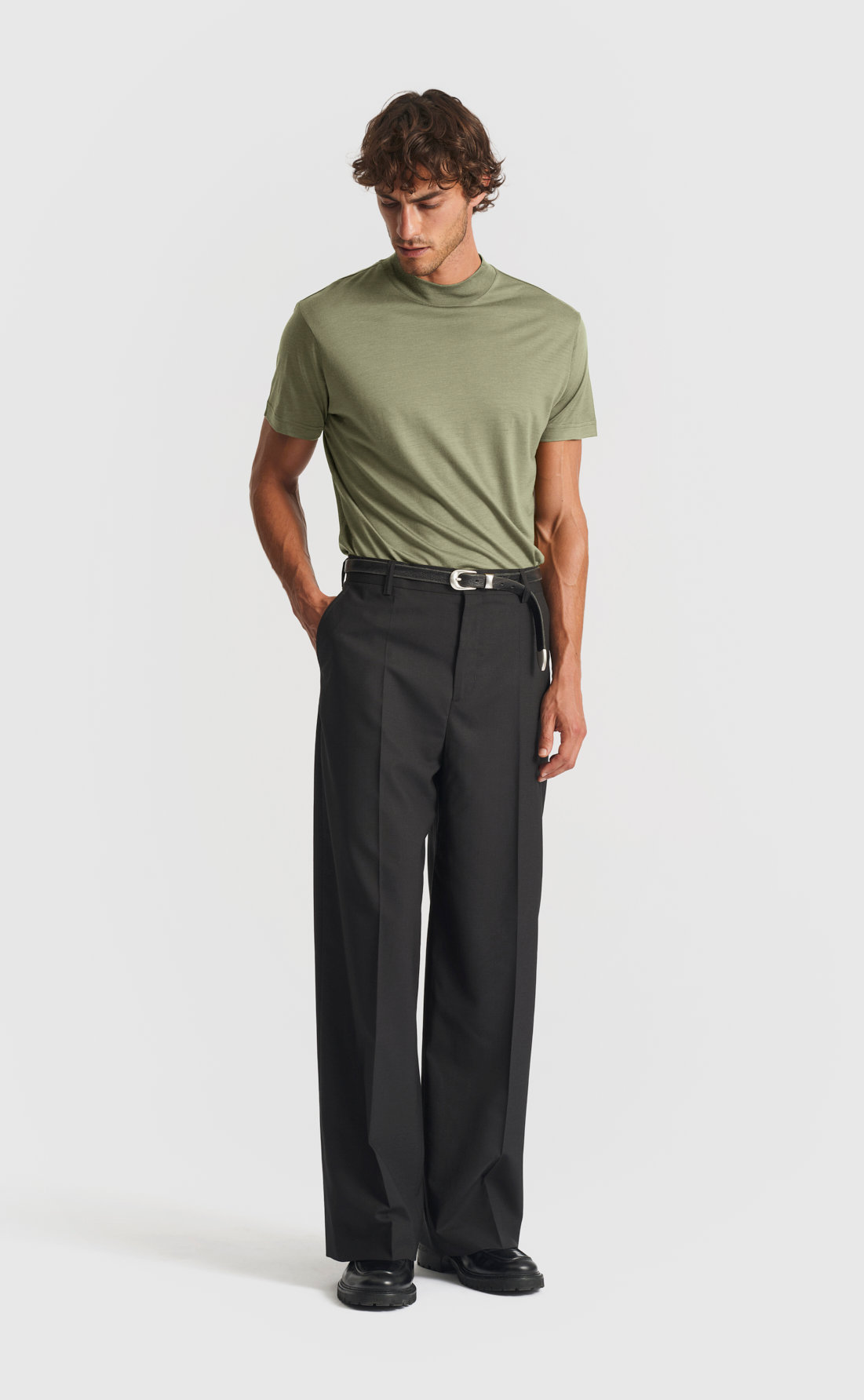 Wool Hi-Neck T-Shirt in Oil Green