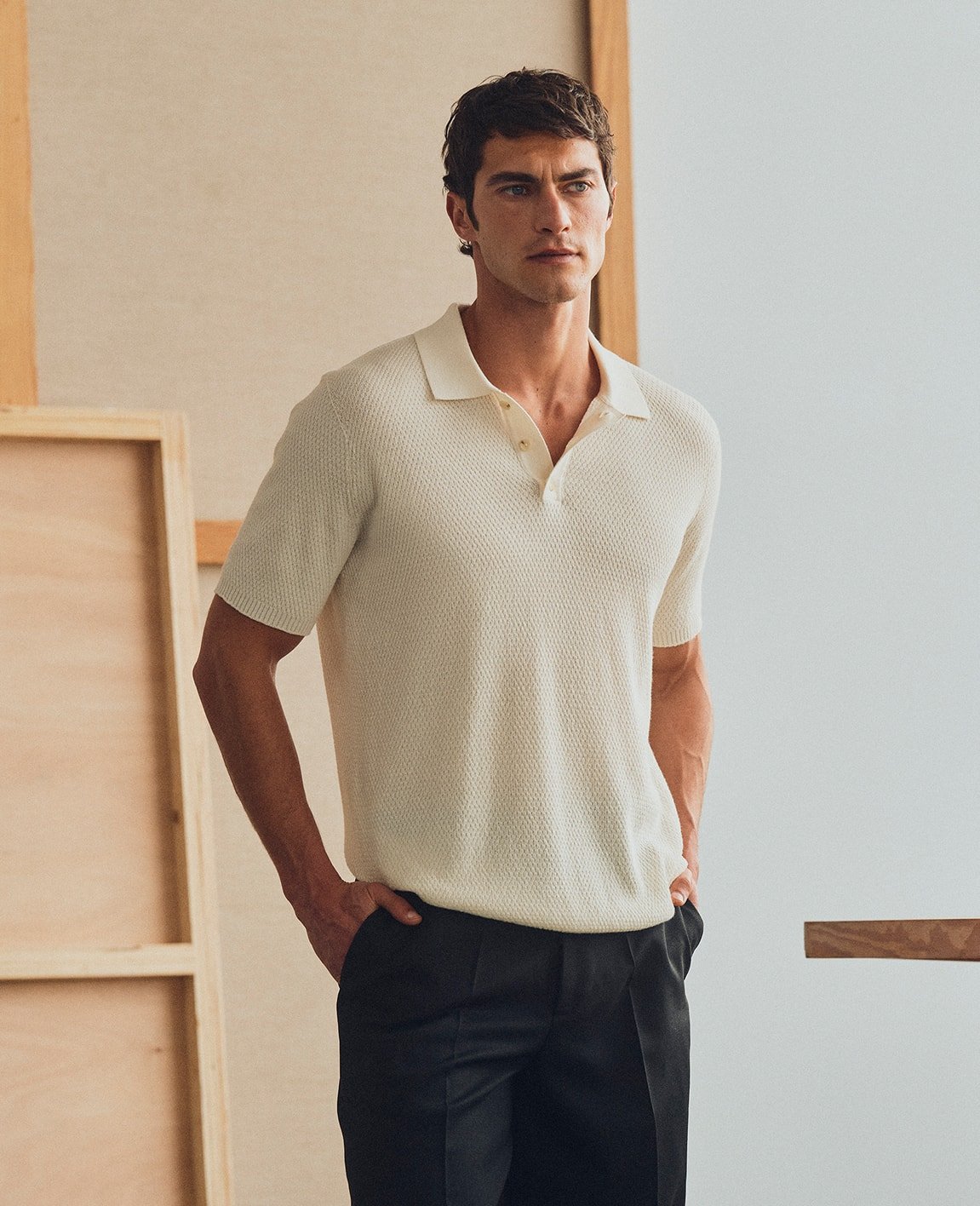 Open Collar Pearl Knit Polo