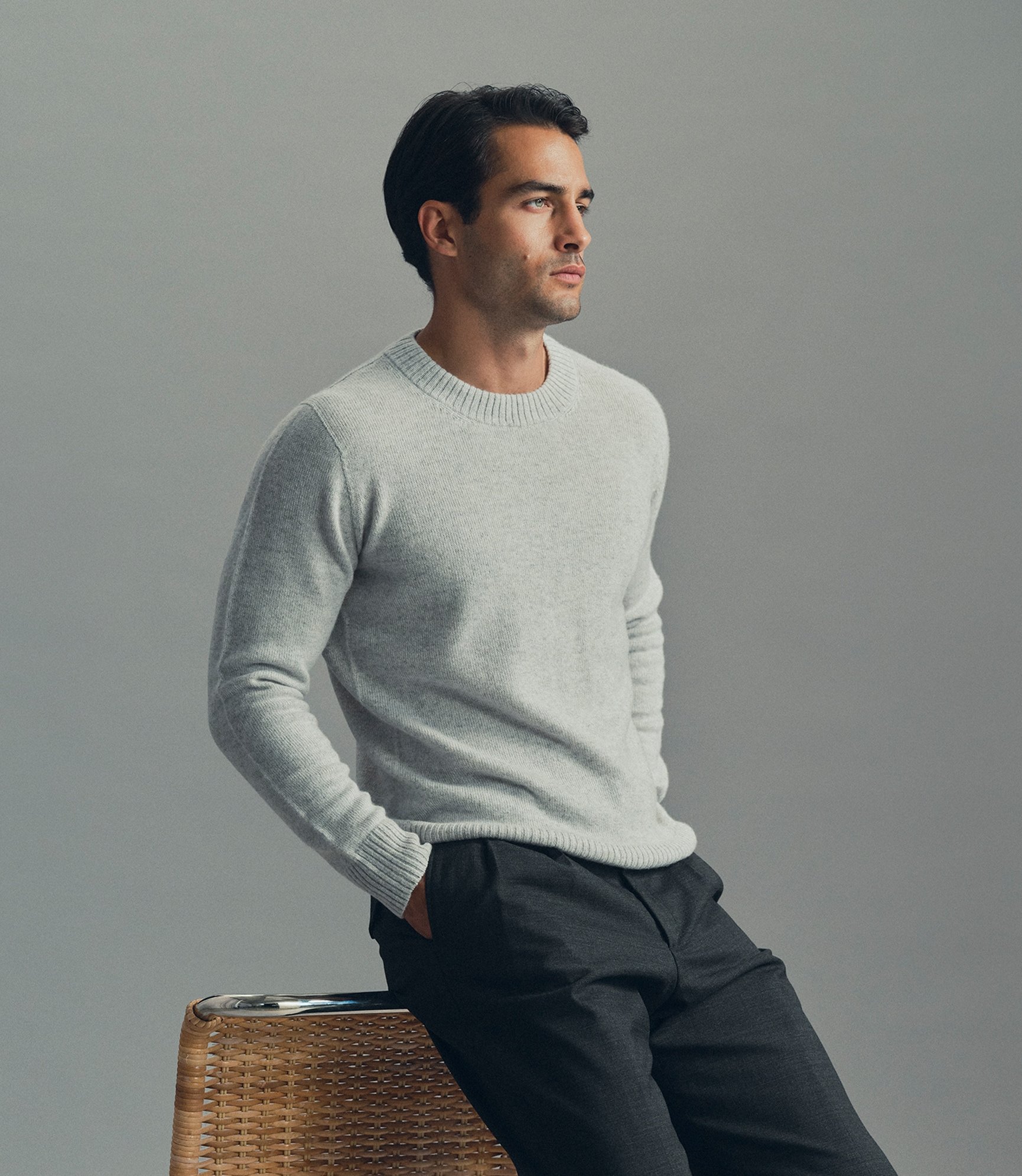 Model wearing our cashmere sweater in light grey