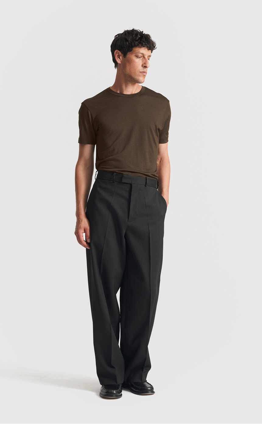 Model wearing our wool t-shirt in demitasse
