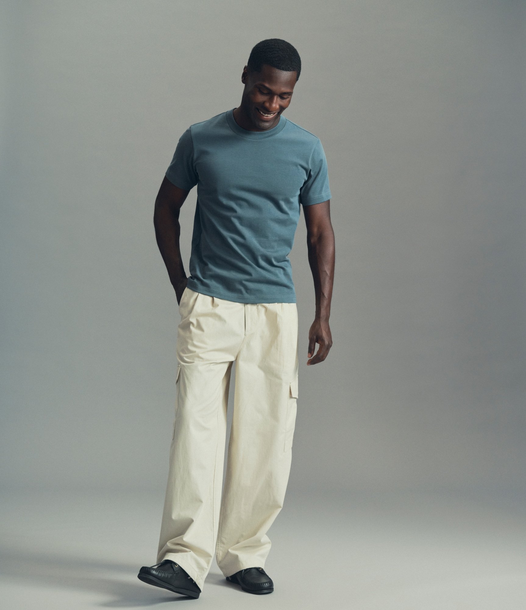 Model wearing our Extra Heavy Cotton T-Shirt in Dark Slate