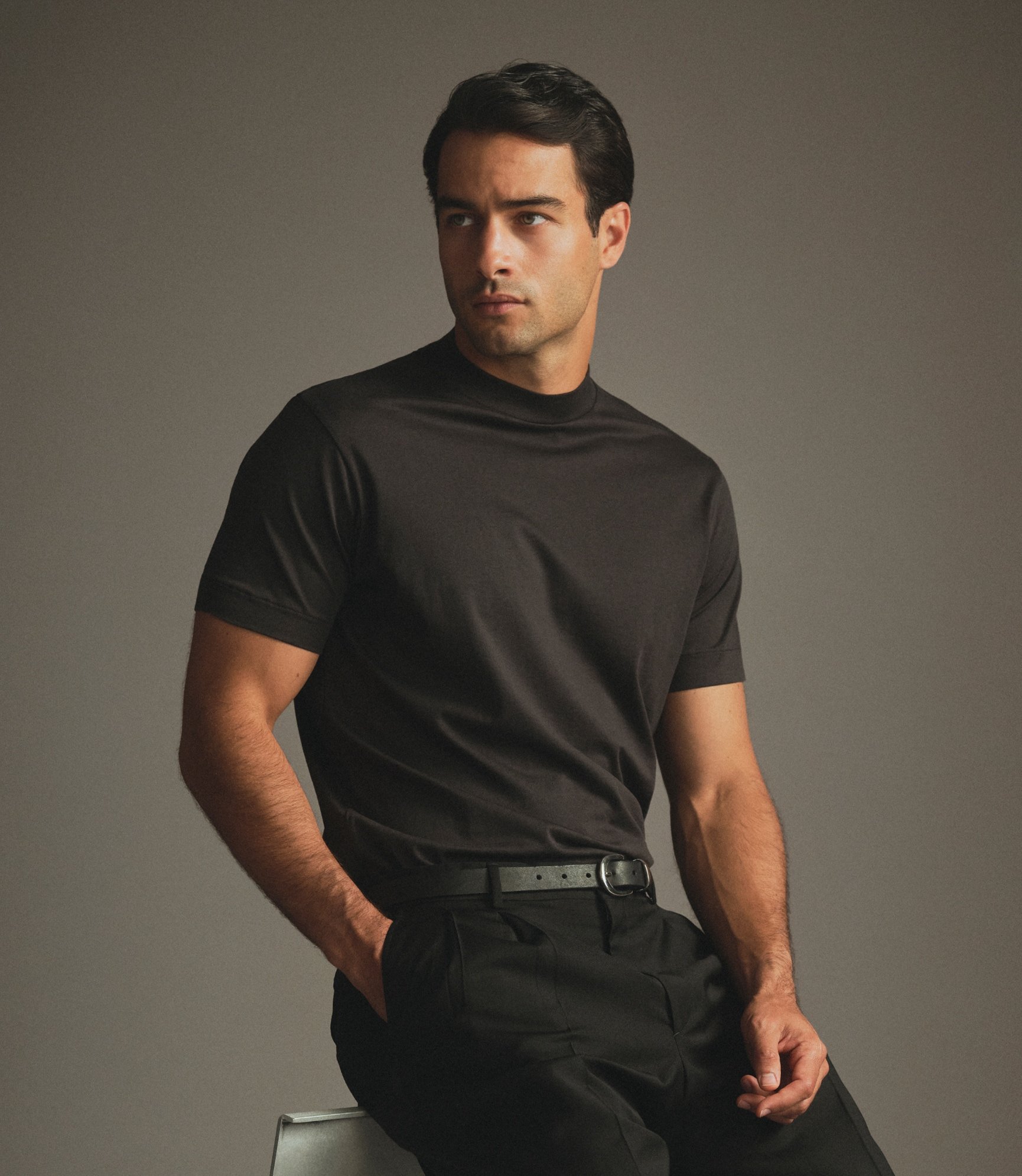 Model wearing our Silk Hi-Neck T-Shirt in Meteorite