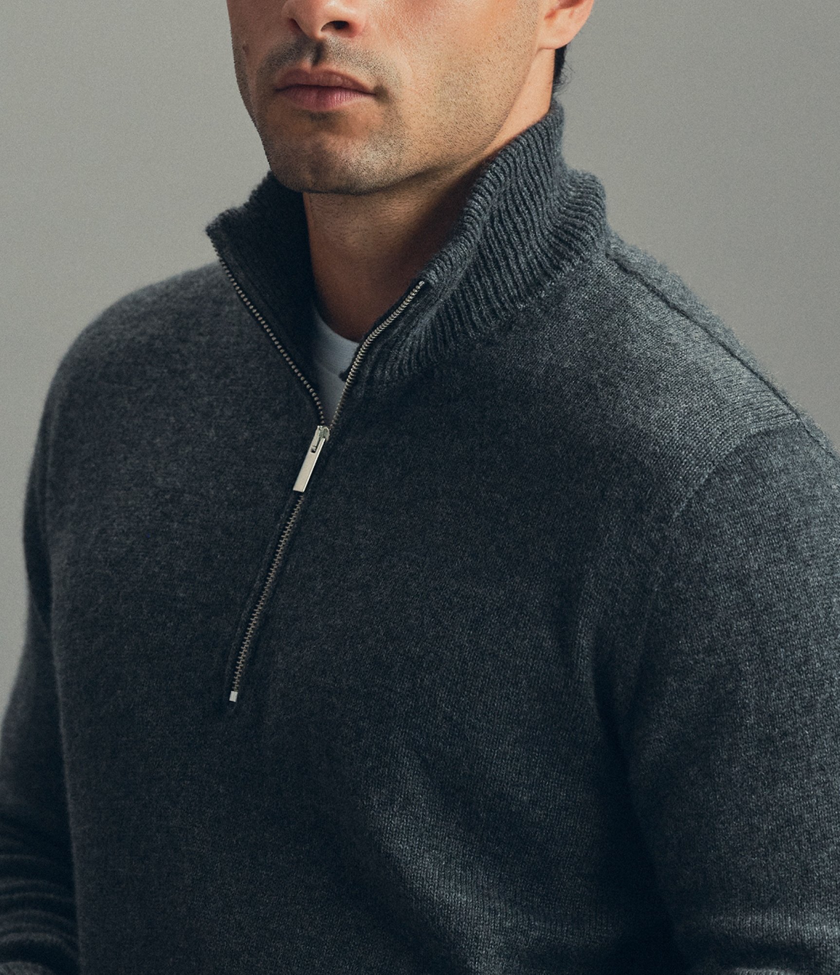 Model wearing our Cashmere Half-Zip Sweater in Anthracite
