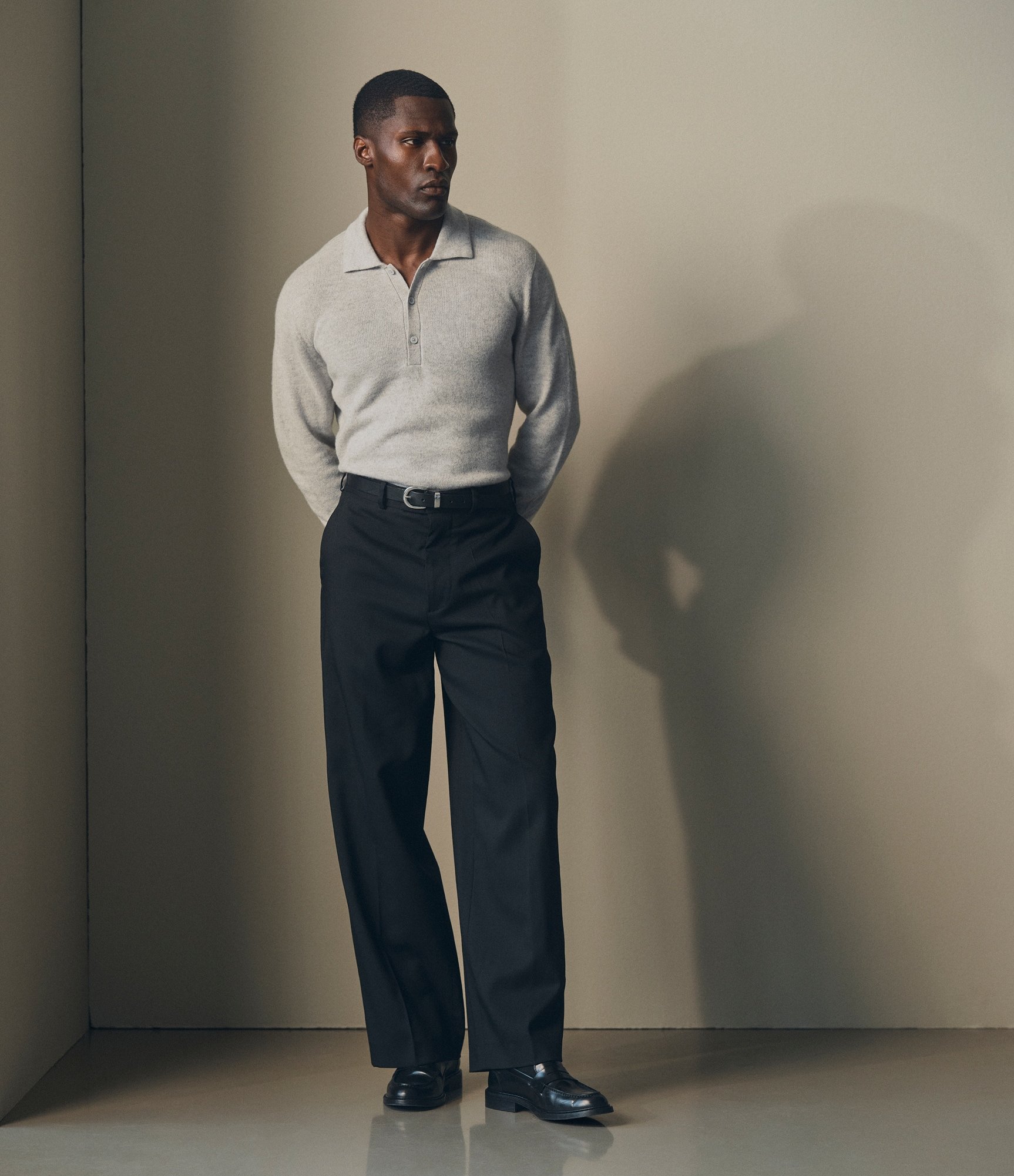 Model wearing our Cashmere Polo Shirt in Light Grey Melange