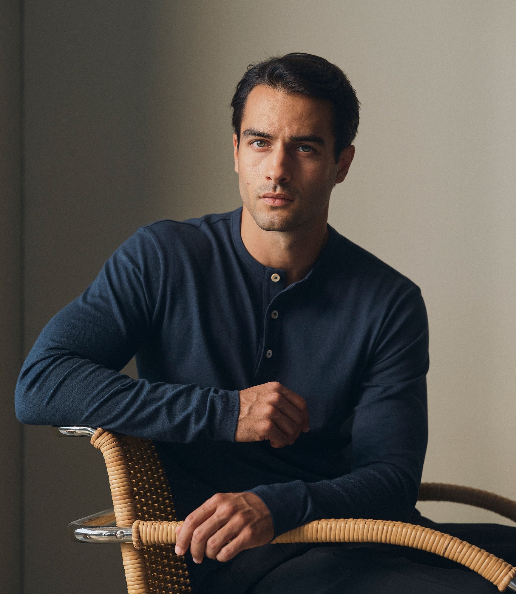 Model wearing our Cashmere Henley Shirt in Carbon