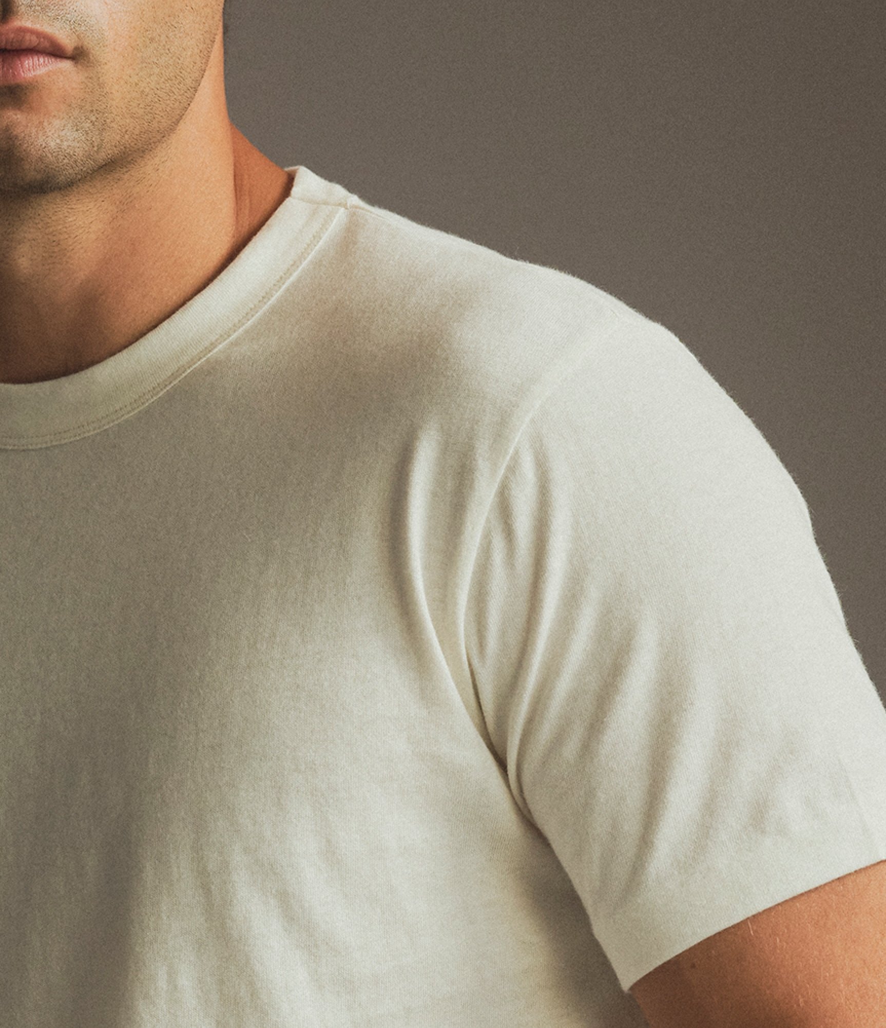 Detail of model wearing our Cashmere T-Shirt in Snow White