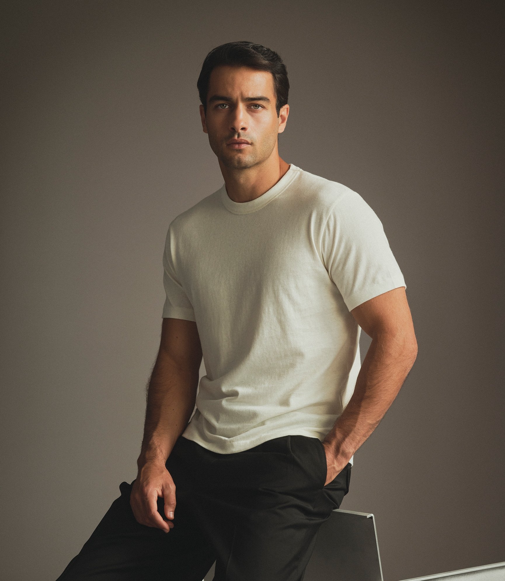 Model wearing our Cashmere T-Shirt in Snow White