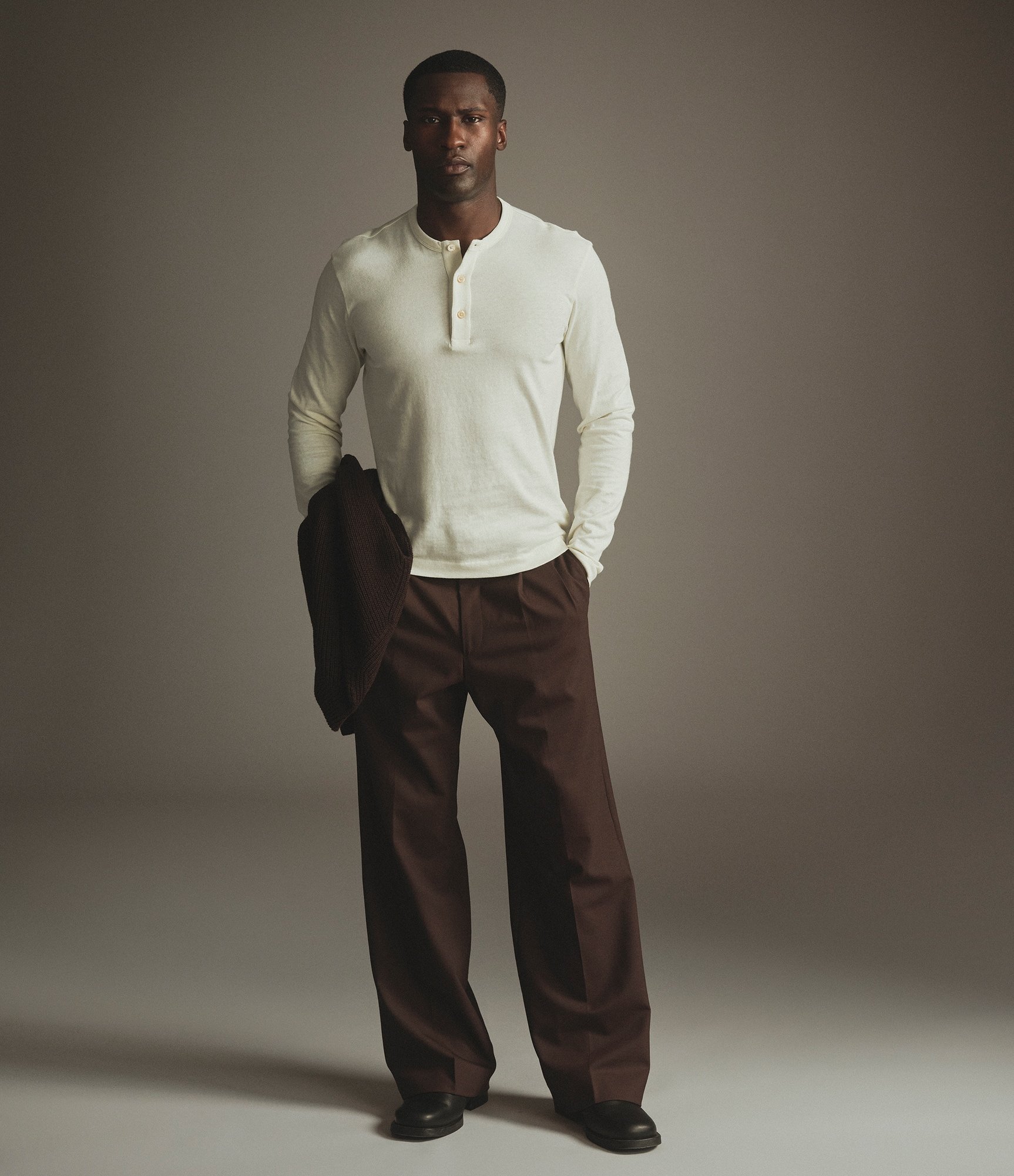 Model wearing our Cashmere Henley Shirt in Snow White